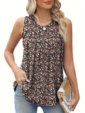 Plus size woman wearing a black floral printed sleeveless vest with a round neckline.