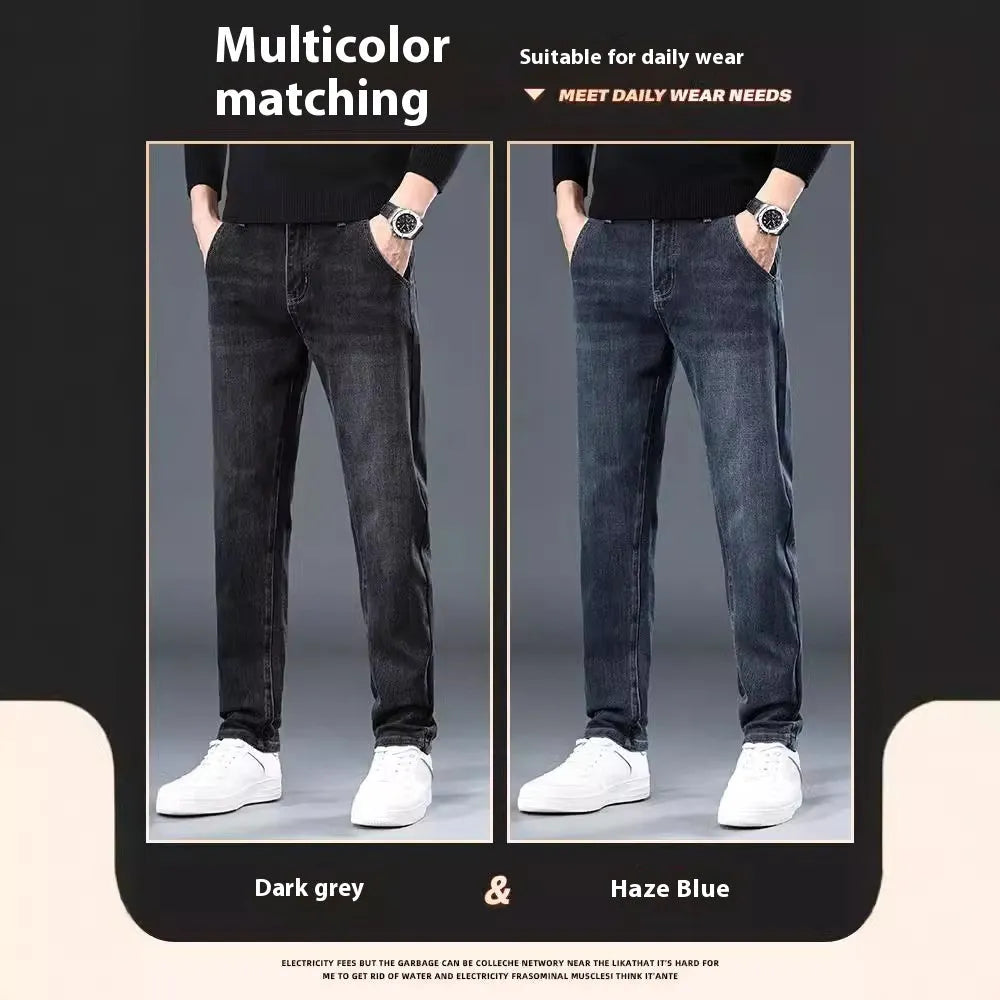 Blue grey and black slim straight loose casual thin trousers on a hanger, showing mid waist and zipper fly.