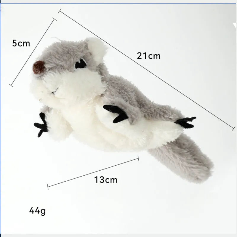 Grey flapping squirrel cat toy with USB charging cable and motion sensor activation