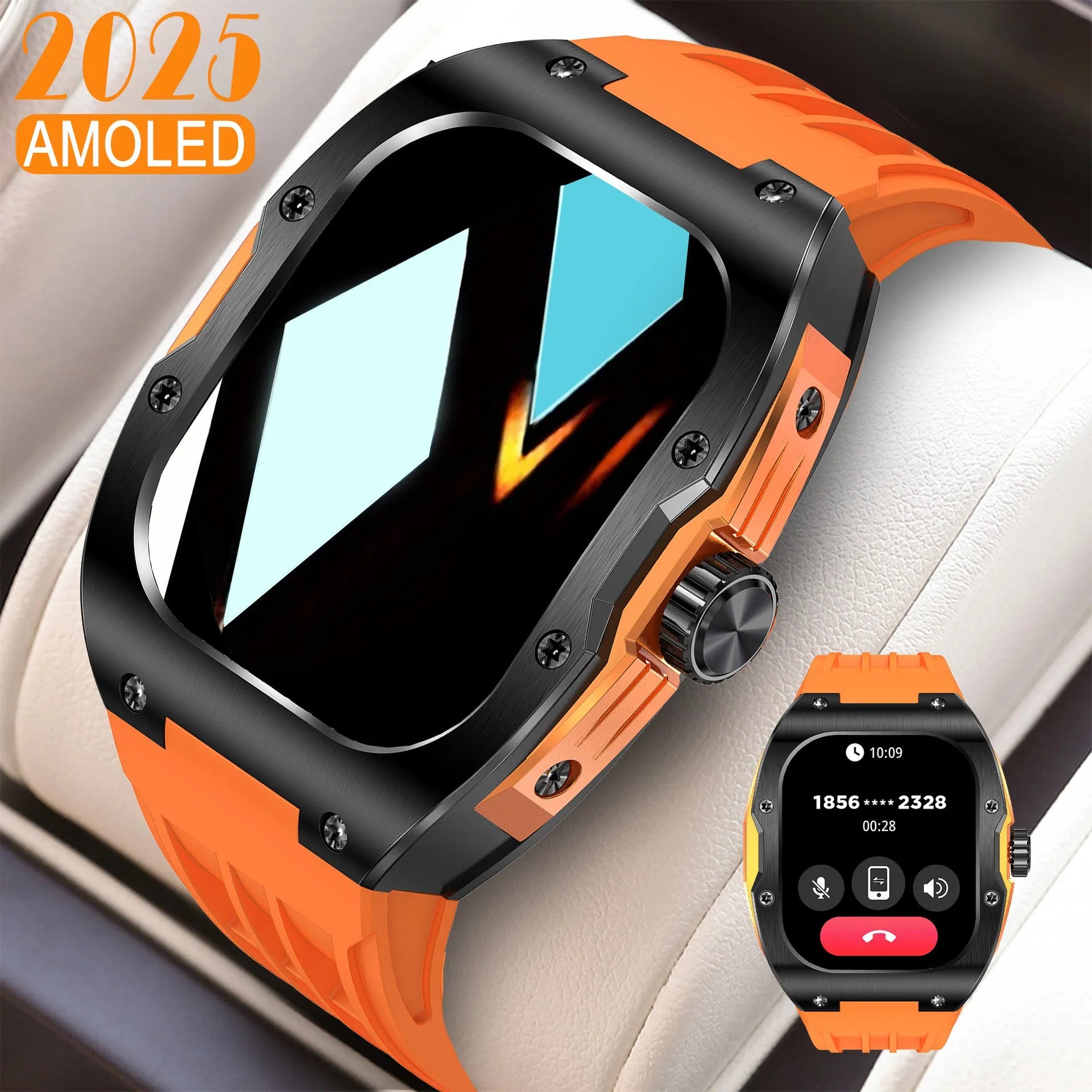 A men's smart watch with a black strap and AMOLED screen, showing a fitness tracking interface.