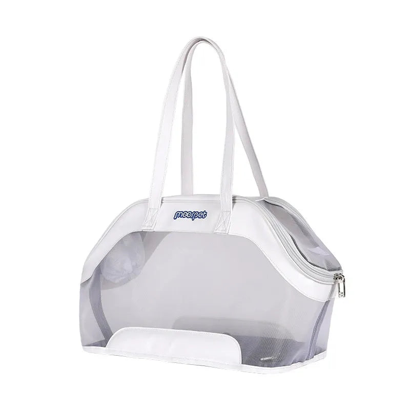 MOORPET leather cat carrier bag with handle, shown in a solid colour, for outdoor pet travel.