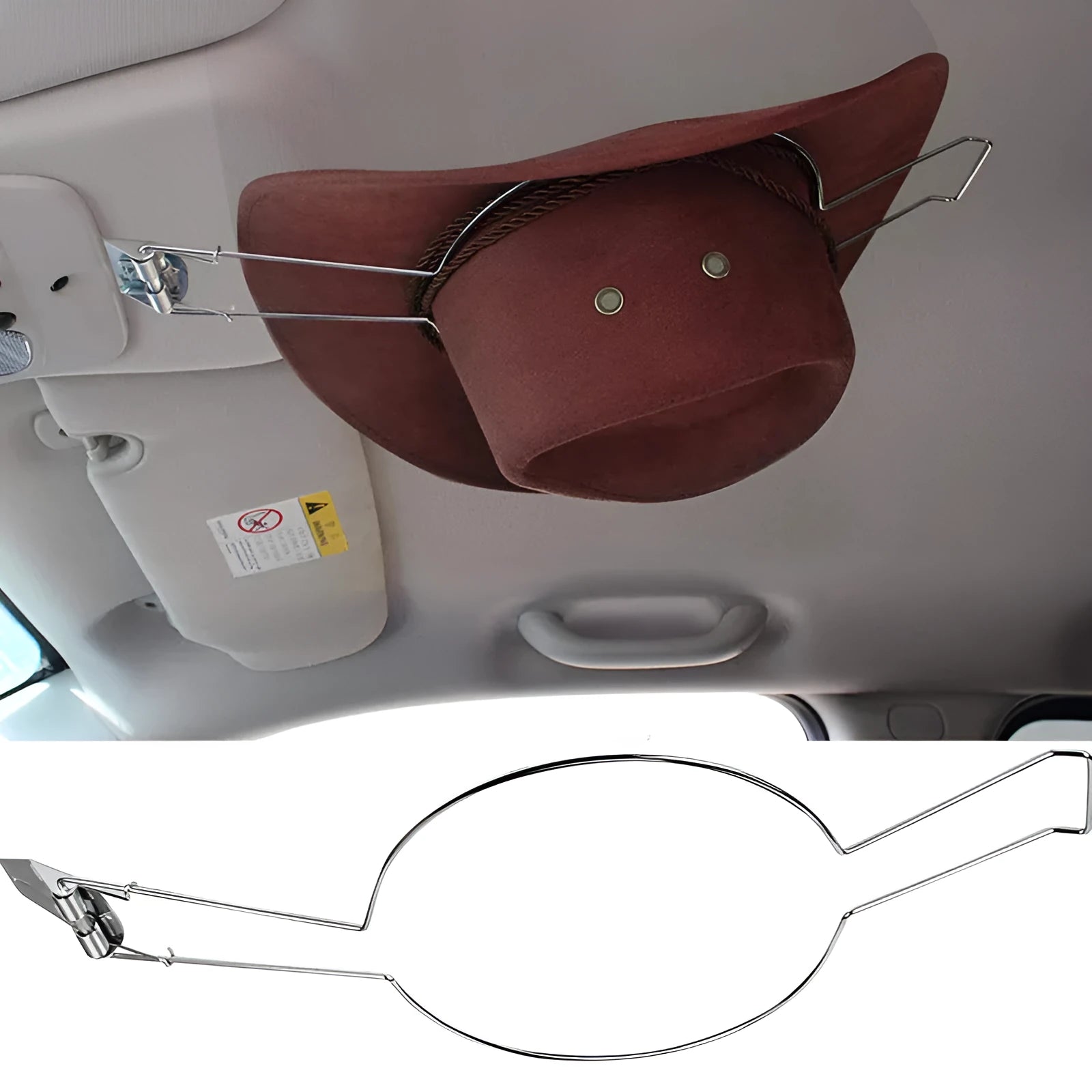 Brown metal car-shaped stand with chrome details for holding coats and hats.