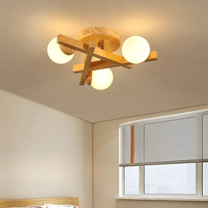 Nordic wooden style ceiling light fixture with three neutral white light heads