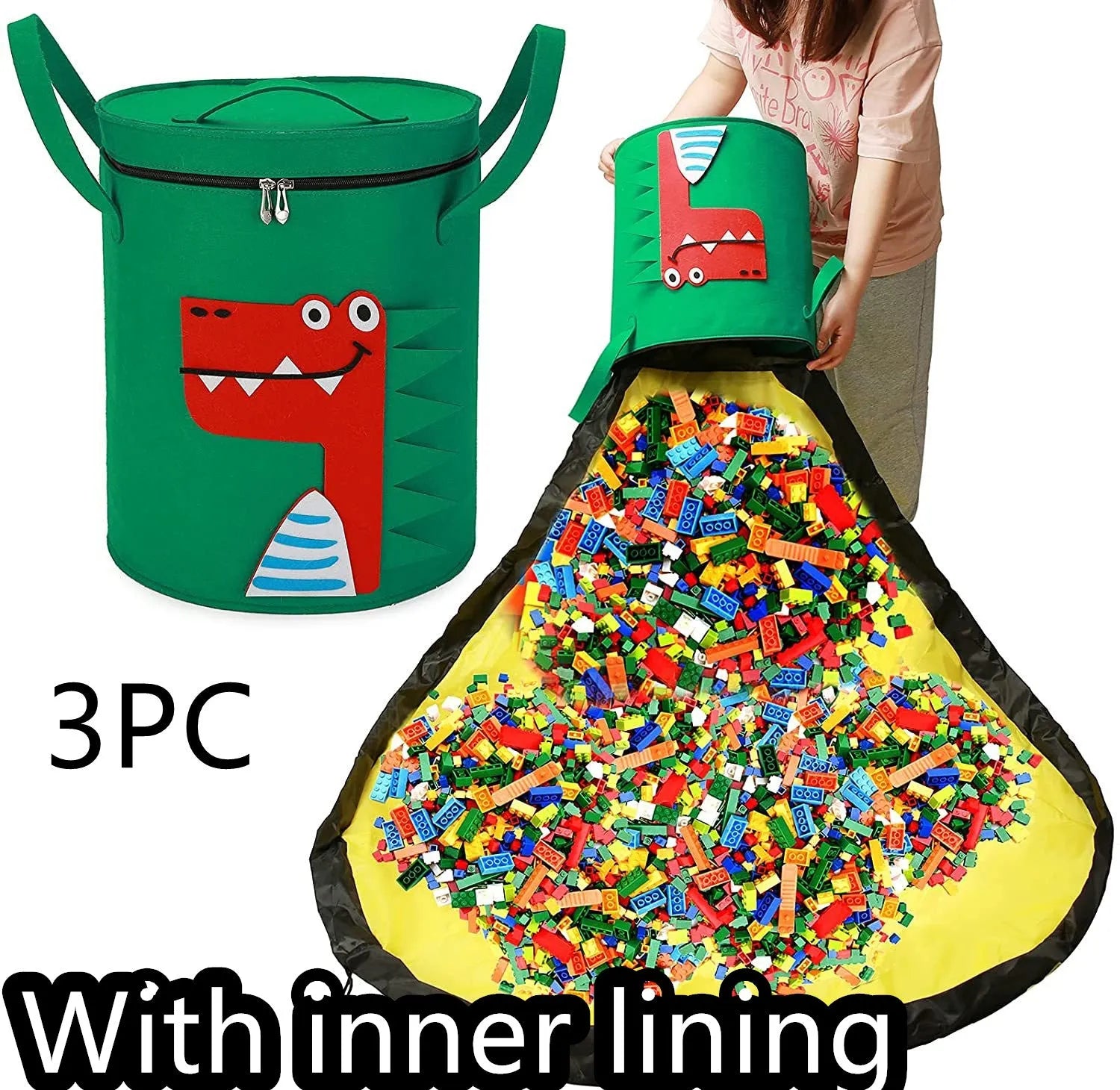 Green felt cube storage bag open as play mat with pull rope closure for toy organisation