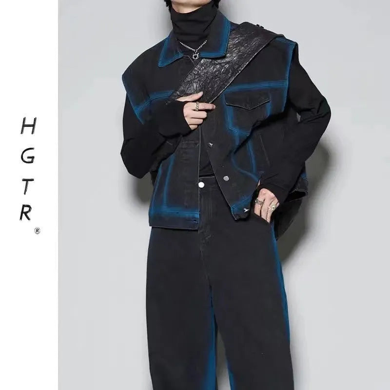 Blue distressed fleece-lined vest and jeans two-piece suit set on a hanger