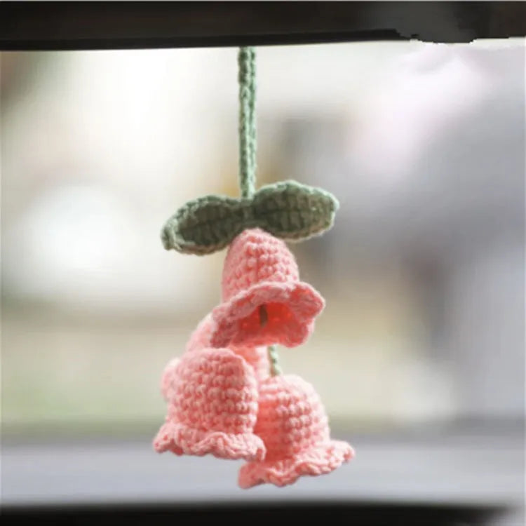 Green and white knitted wool car plant decoration with 25cm hanging rope