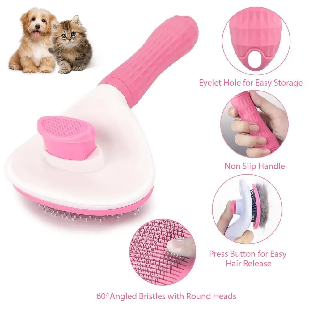 Blue cat grooming brush with a release button and fine wire bristles for removing loose pet hair.