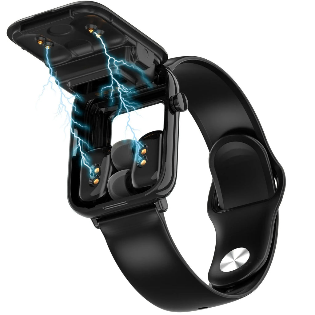 Black smartwatch with 1.69-inch screen and integrated Bluetooth headset stored in charging case.