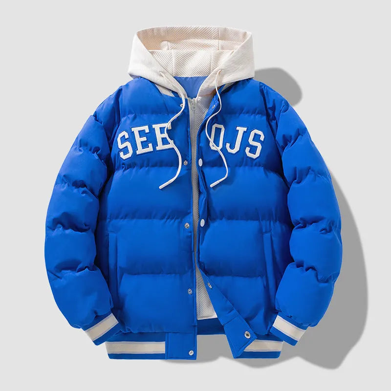 Fashion letter hooded winter coat in solid colour with zipper for men and teenagers