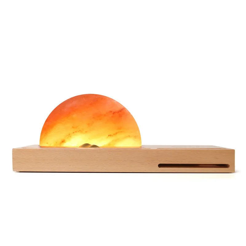 Wireless charging table lamp with natural crystal salt shade on solid beech wood base