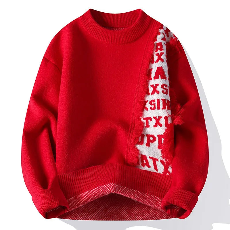 Men's loose fit long sleeve knitted pullover in rabbit fur and polyester, shown in a choice of colours.