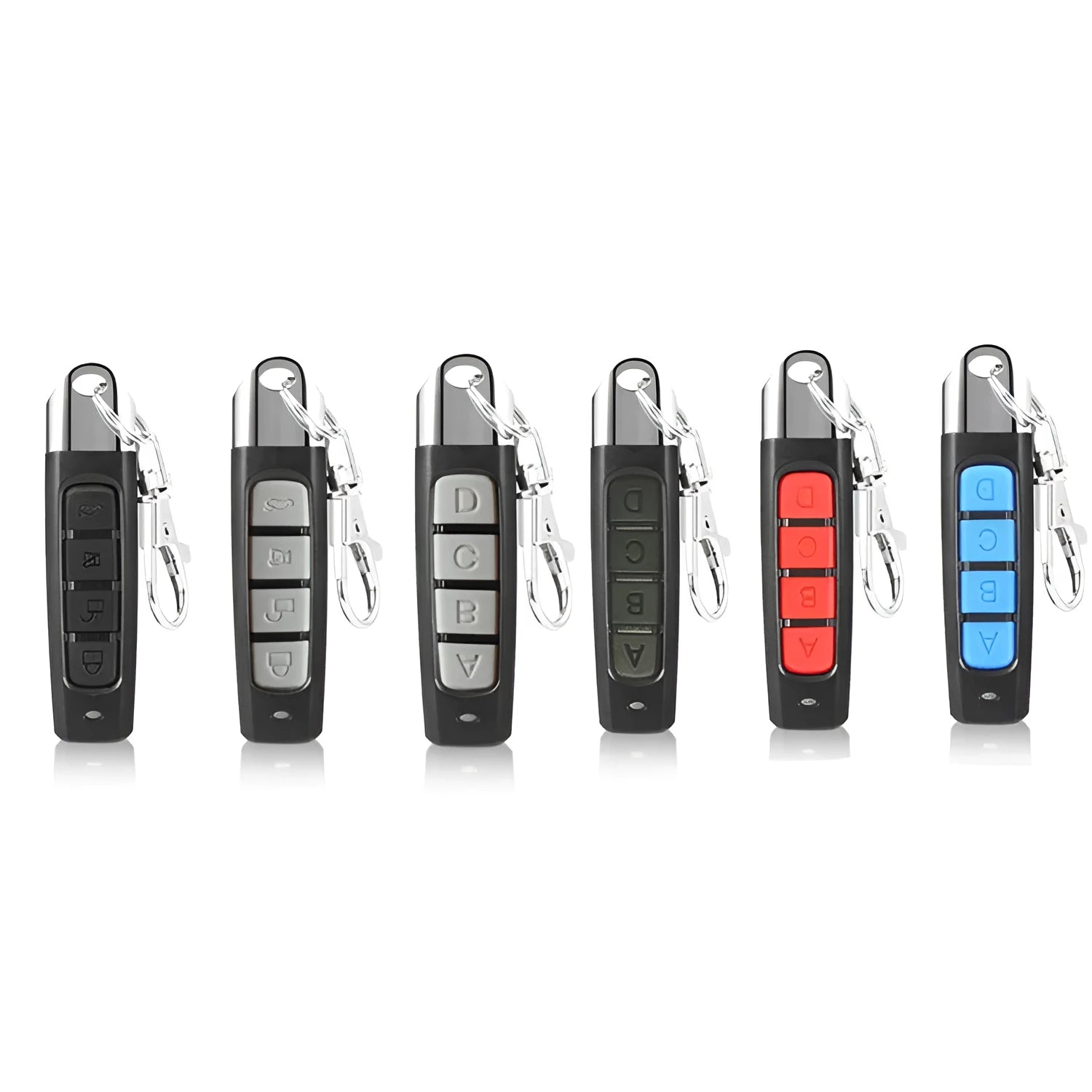 Rolling door remote control in black, blue, grey, or red colours with 433MHz frequency and 100m range