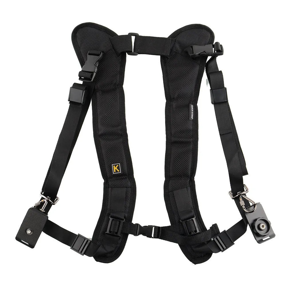 Black dual camera strap for two SLRs, showing thick shoulder sponge and metal connectors.
