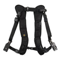 Black dual camera strap for two SLRs, showing thick shoulder sponge and metal connectors.