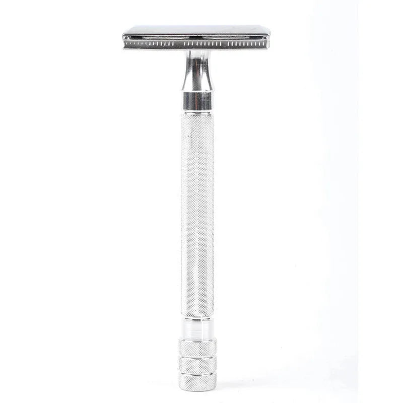 Traditional manual pogonotomy metal razor with brush in black or silver finish