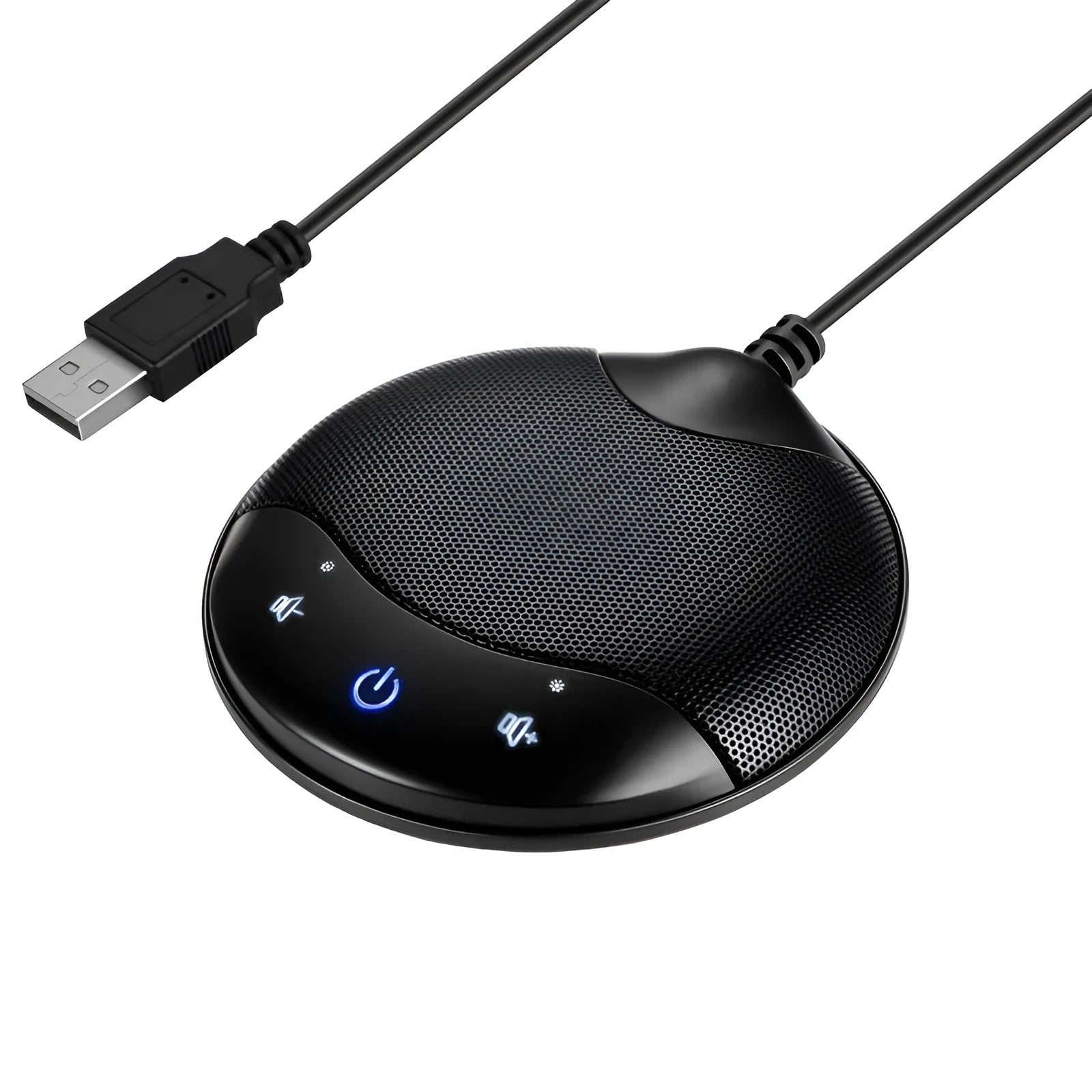 Black USB condenser microphone for conference calls and recording measuring 9x9x1.7cm
