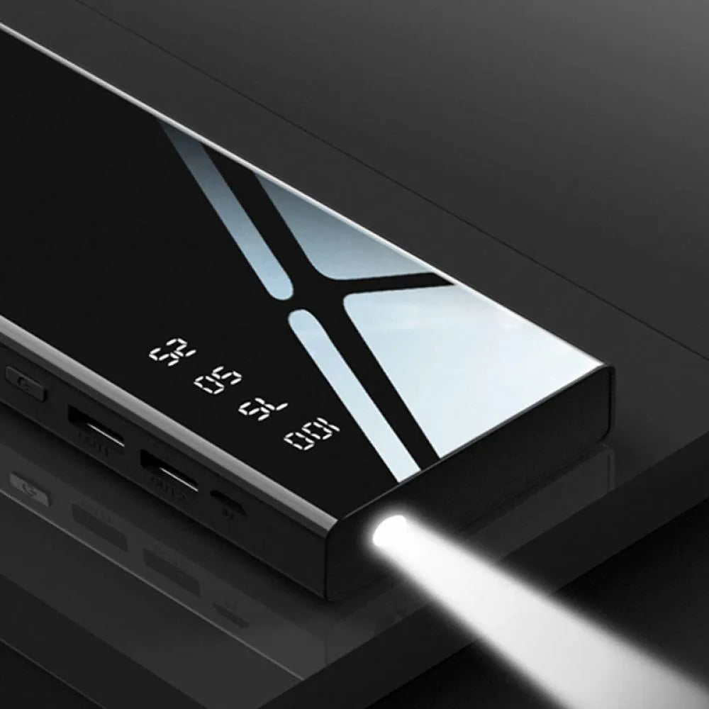 20000mAh power bank with LCD display and dual USB ports in black, red, or white