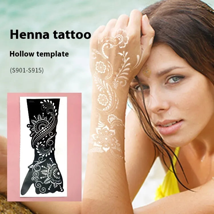 Hollow geometric tattoo sticker sheet with 30 machine-cut 3D paper carving patterns