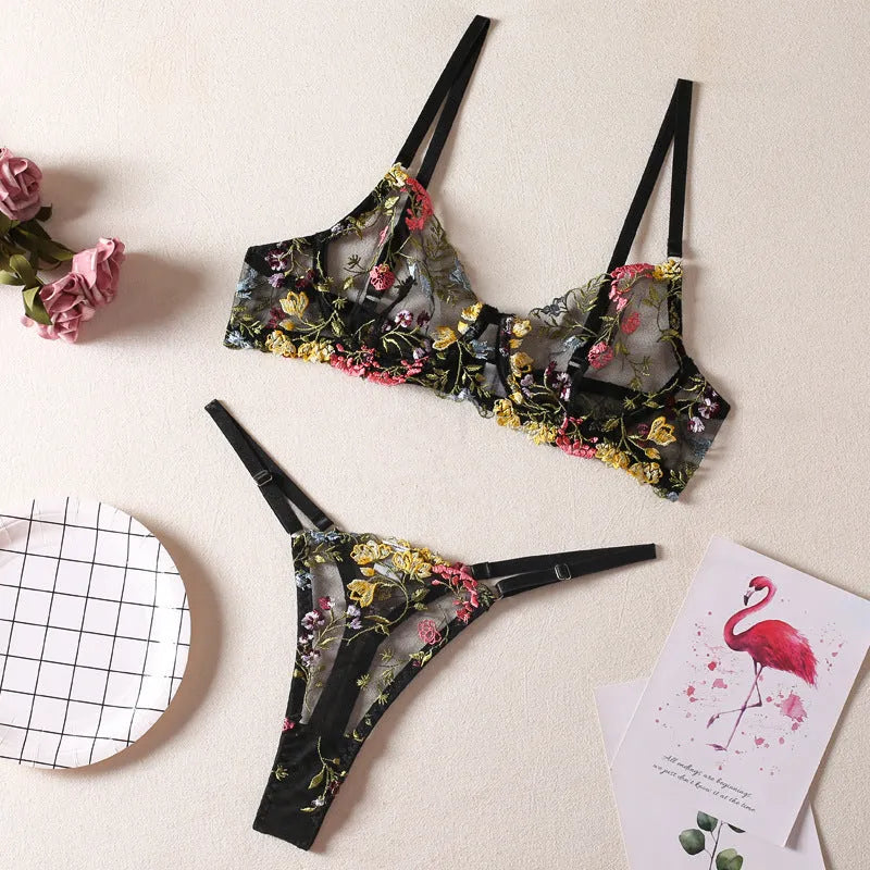 Floral mesh bra set with steel ring T-back and 3/4 cup design in multiple colours.