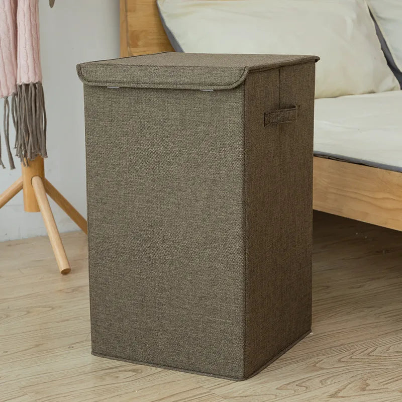Three-dimensional foldable cotton linen storage basket in grey khaki or brown for clothes and books