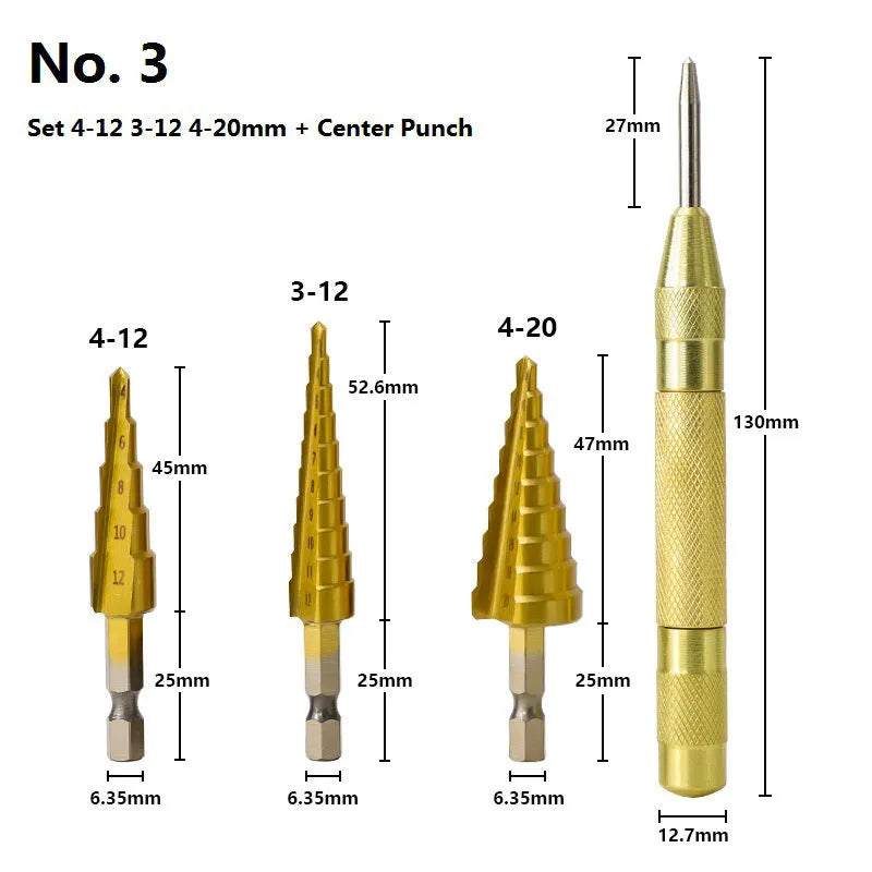 Step drill bit set with centre punch showing cone-shaped bits and colour-coded handles