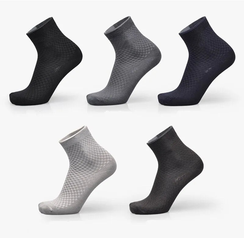 Men's bamboo fibre business socks with small square pattern in black, navy blue, and grey colours.