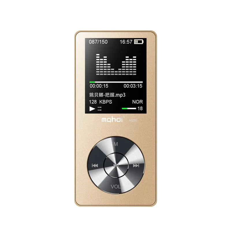 Gold metal MP3 music player with 1.8 inch screen showing audio playback interface