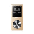 Gold metal MP3 music player with 1.8 inch screen showing audio playback interface