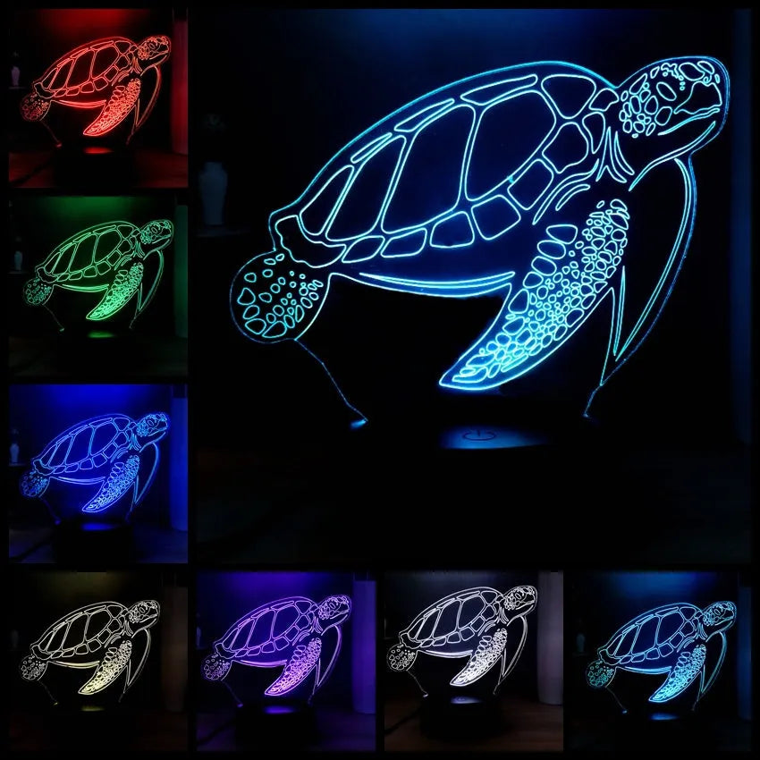 3D clear acrylic turtle-shaped LED night light showing multiple colour options.