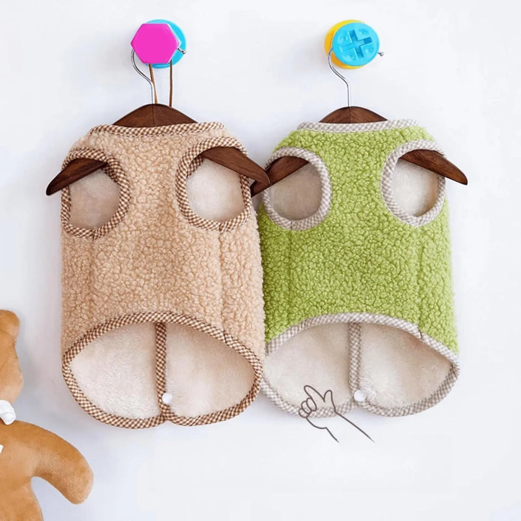 Green coral fleece dog sweatshirt vest with a leash ring on a small dog, showing a winter outfit.