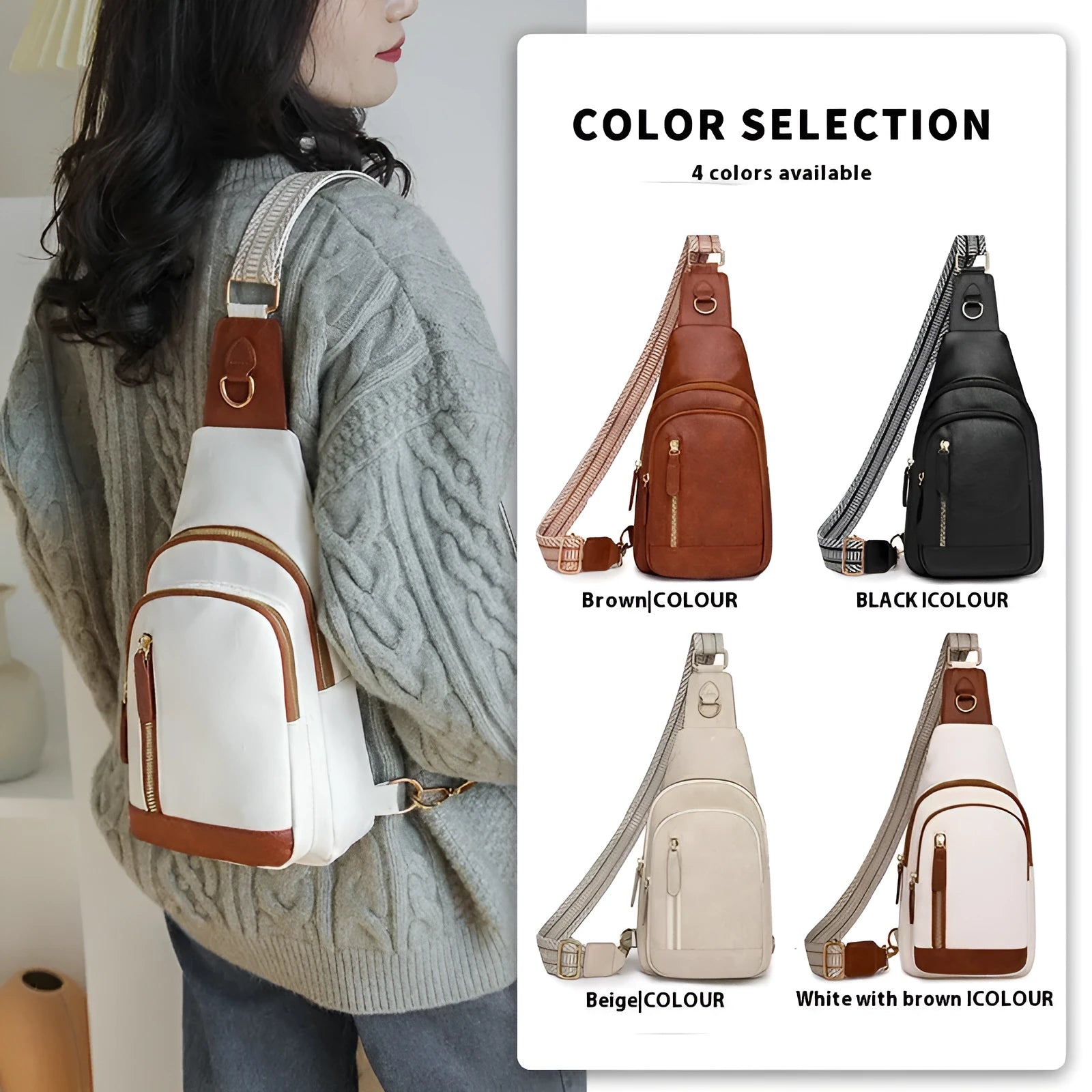 Women's soft PU crossbody messenger bag with zip compartments in street trend style