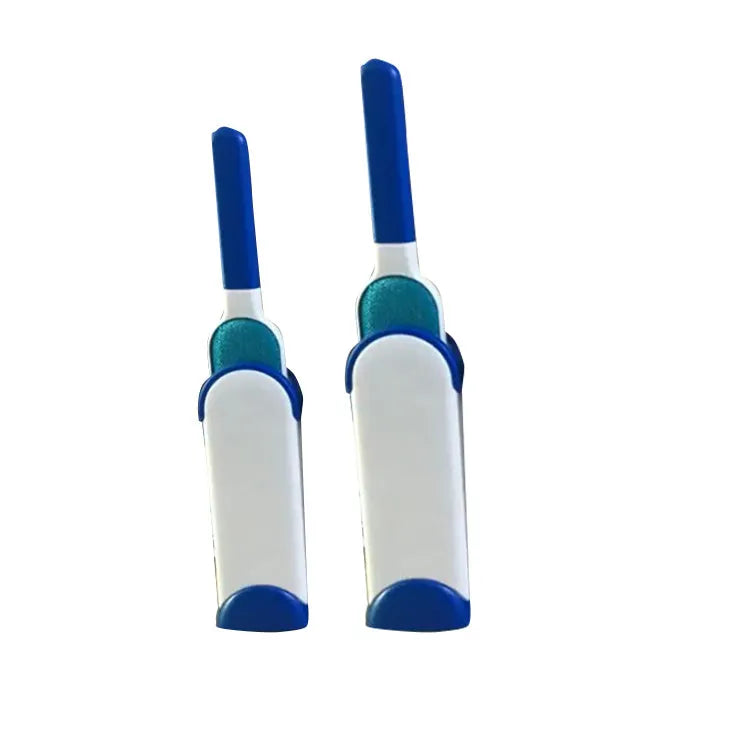 Blue reusable pet hair removal brush with self-cleaning base for sofas and upholstery.