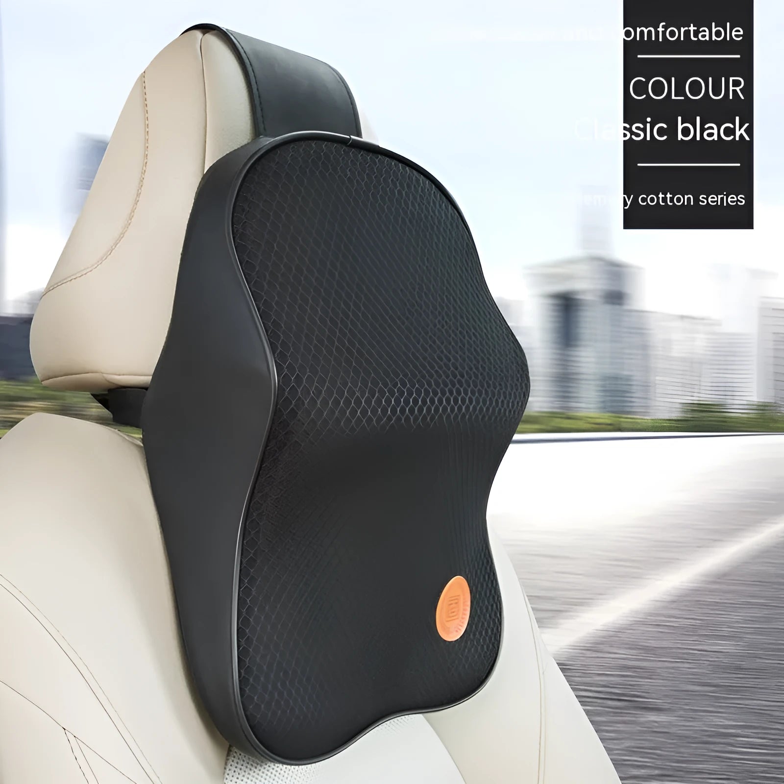 Black memory foam car headrest pillow and lumbar support pillow set on car seat