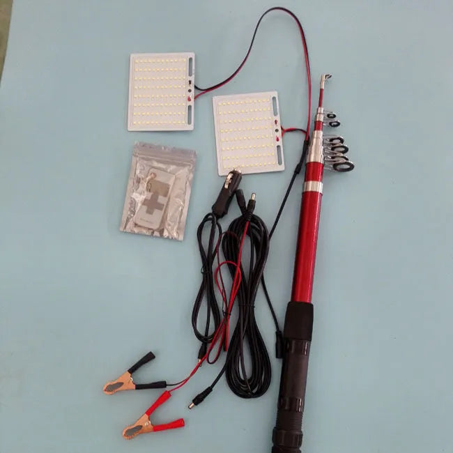 White LED fishing rod light with telescopic pole extended, showing remote control.