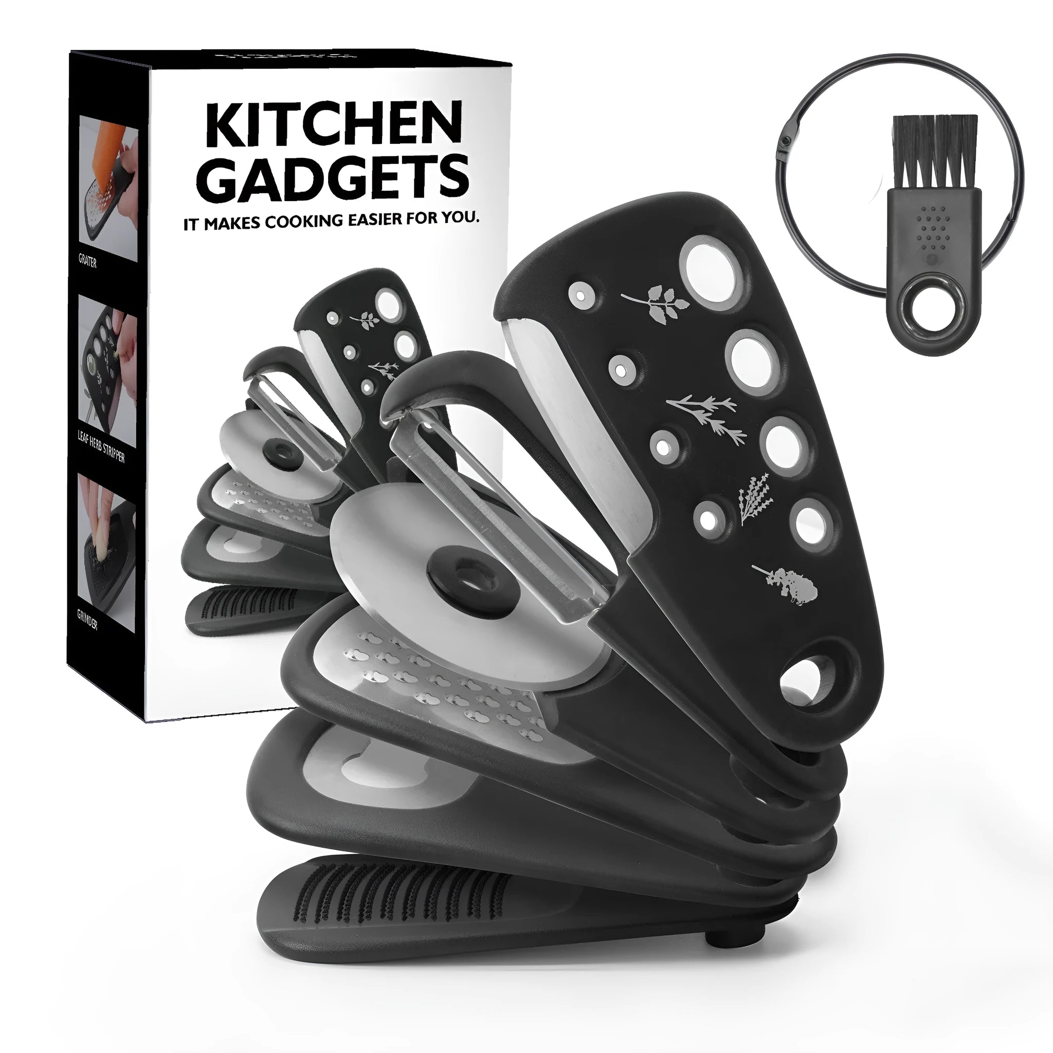 Six stackable kitchen gadgets with utility brush in modern design, made from PP plastic and stainless steel