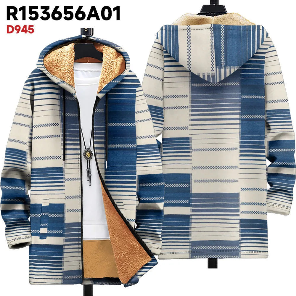 Man wearing a loose fit, multicolour print hooded cardigan with a front zipper.