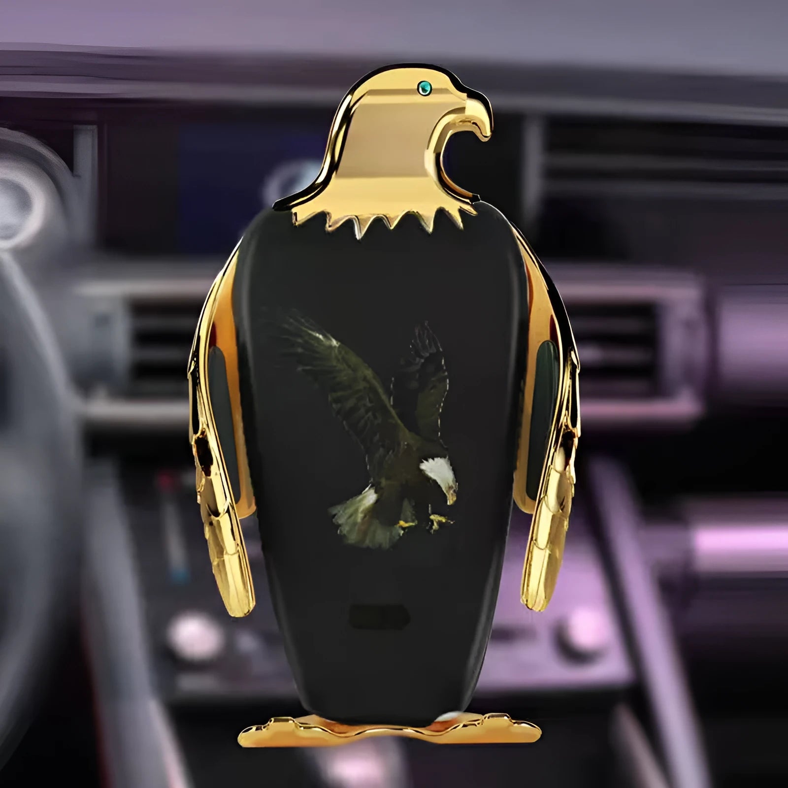 Black and gold wireless charging car phone holder with eagle design and suction cup.