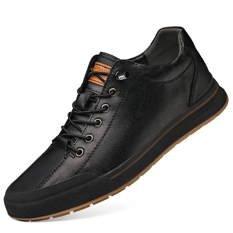 Men's white and black matte leather casual shoes with flat heels and round toes, showing hollow-out and fleece-lined style options.