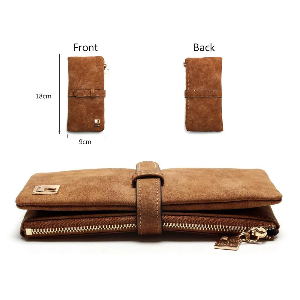 Korean-style retro matte Pu leather long wallet with two-fold draw design and zip closure
