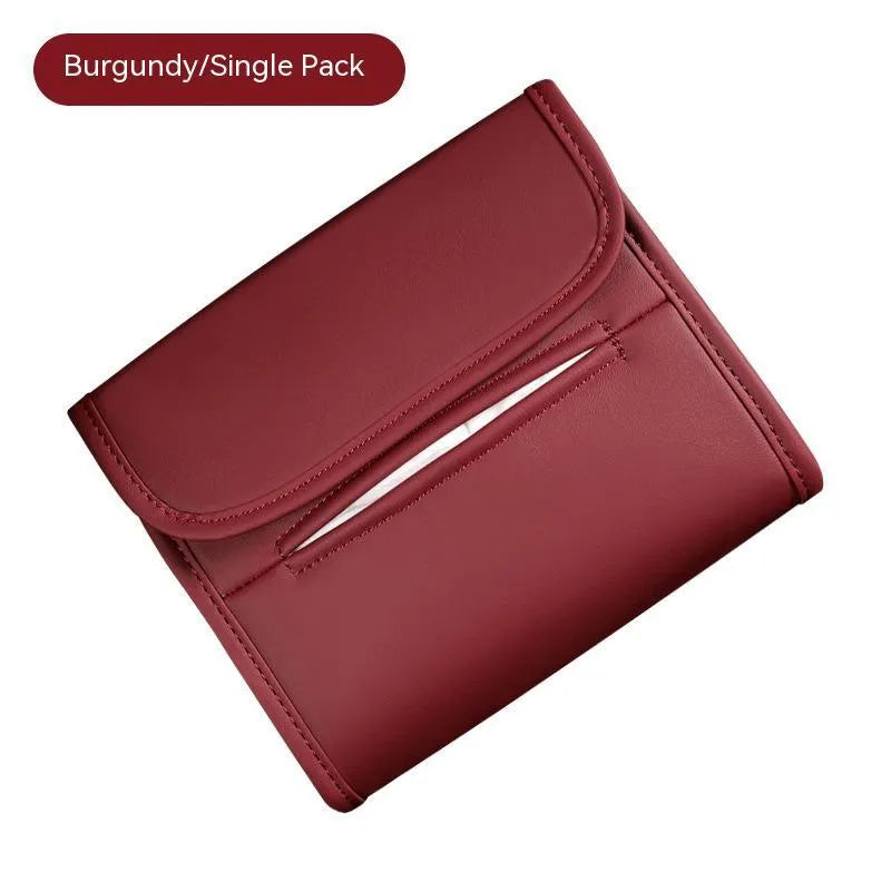 Leather car tissue box organiser with elastic band for sun visor or chair back mounting