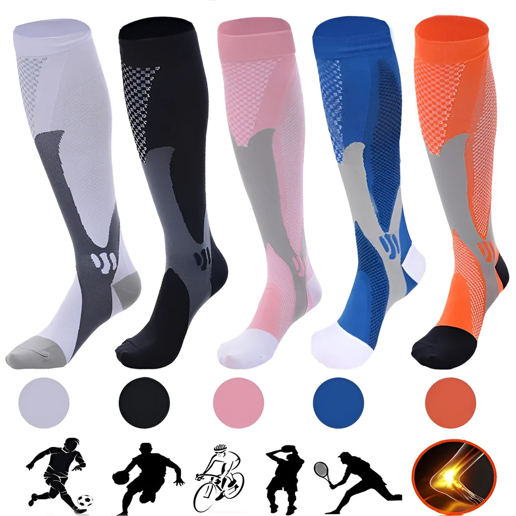 Black graduated compression socks with athletic fit for men and women, shown laid flat.