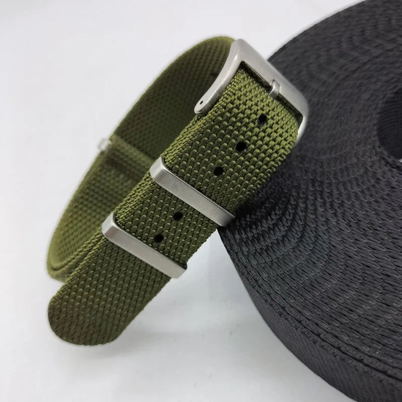 Nylon watch strap replacement band shown in multiple colour options for 20mm and 22mm watches.