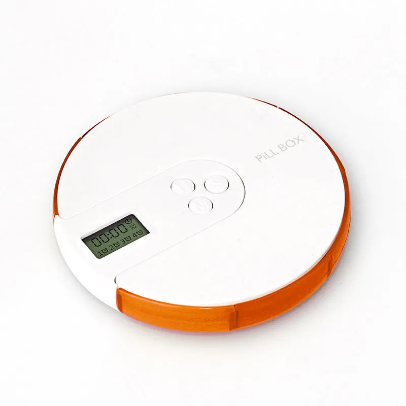 Seven-compartment alarm clock pill dispenser showing front display and storage slots.