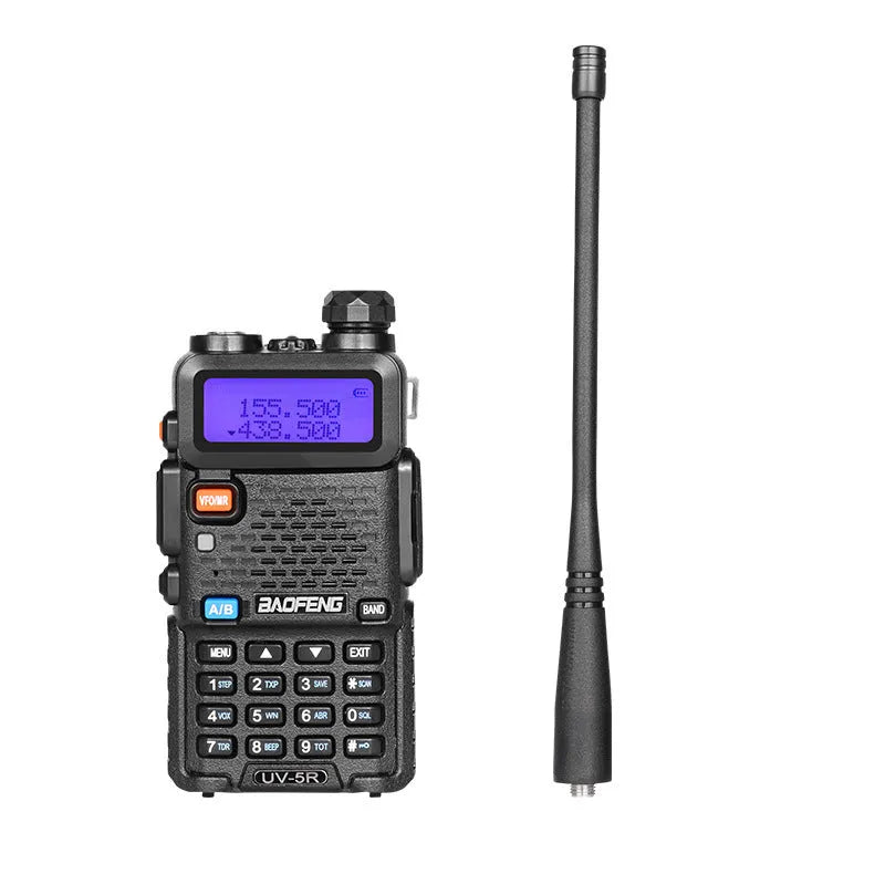 Professional black walkie talkie with LCD display showing dual-band VHF/UHF frequency operation