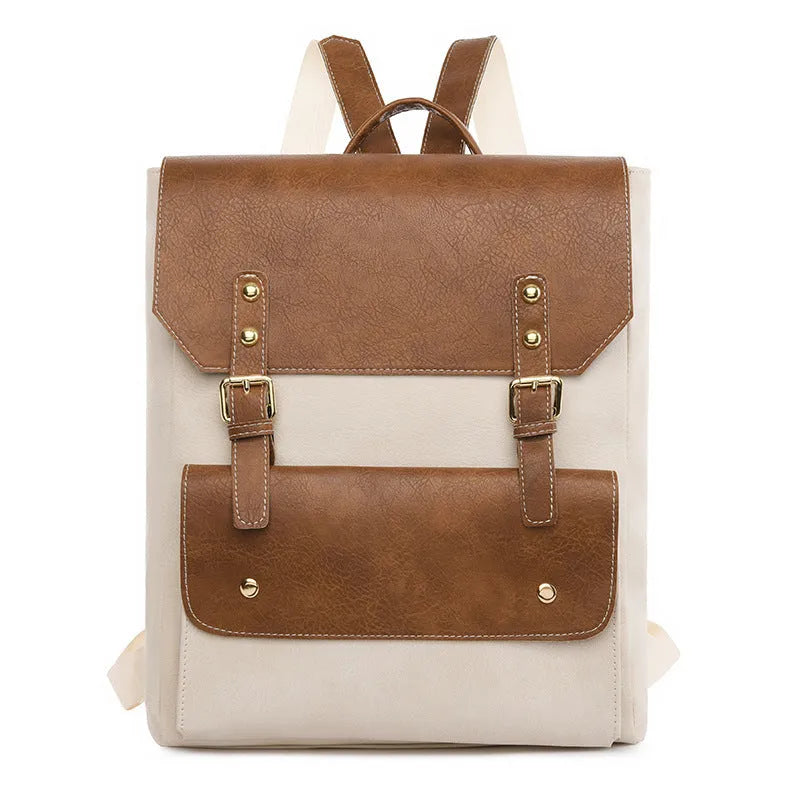 Korean style simple retro backpack in soft PU material shown in black, brown, creamy white, and dark brown colours.