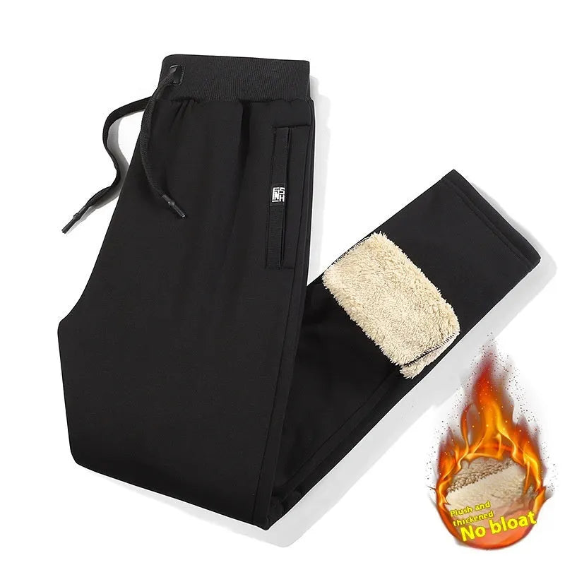 Men's grey fleece-lined cotton track pants with straight-leg styling and micro-elastic waistband