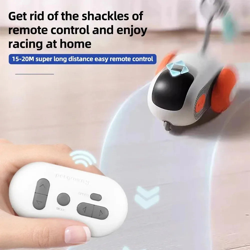 Smart interactive cat toy car with remote control and feather teaser attachment in blue colour