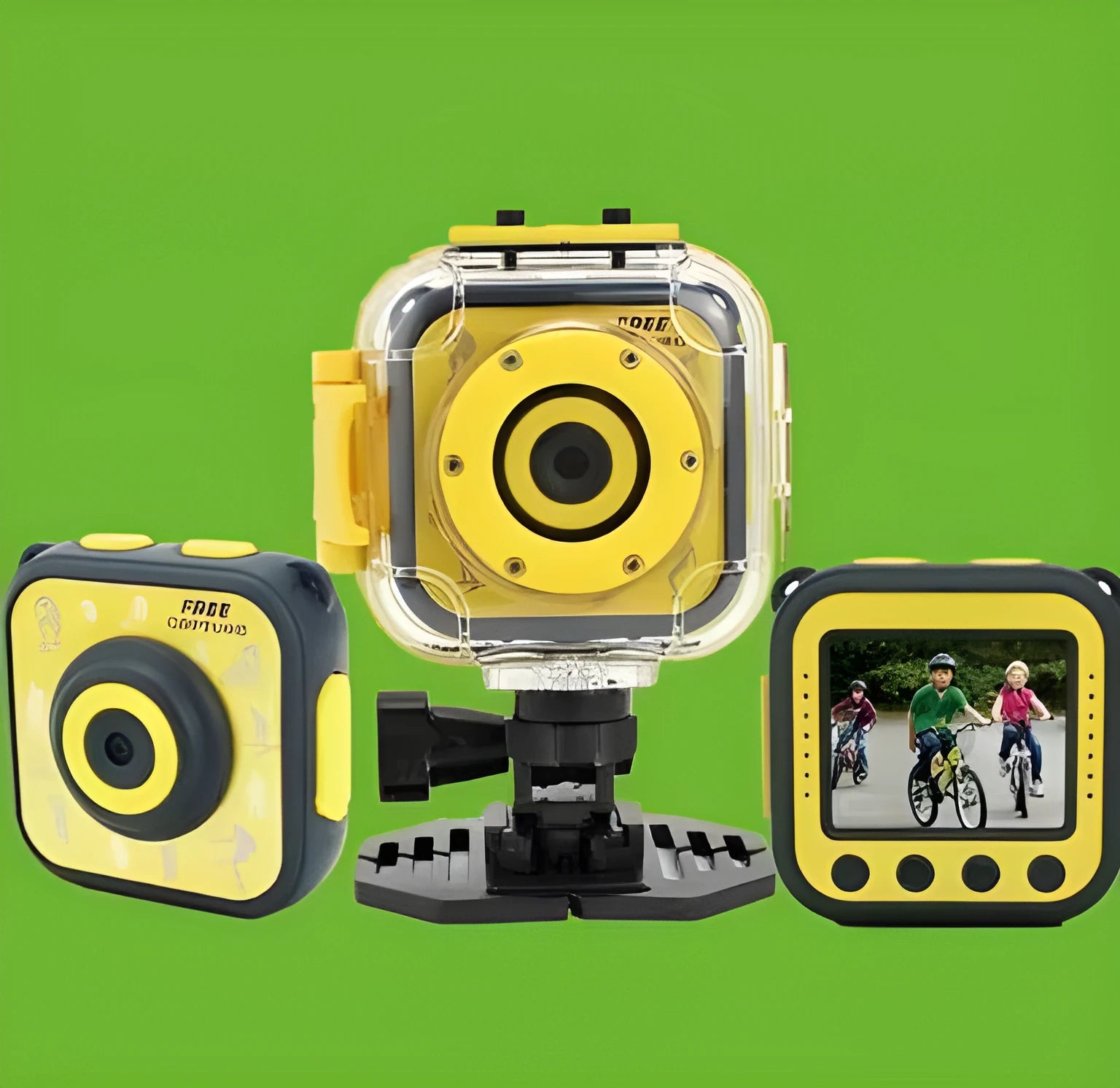 Yellow children's waterproof sports camera with 1.77-inch screen showing HD recording interface