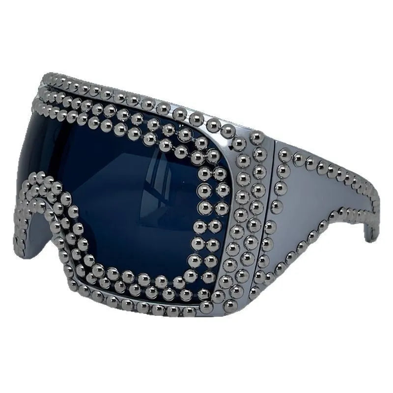 Men's punk sunglasses with large square frame and rivet details in silver colour