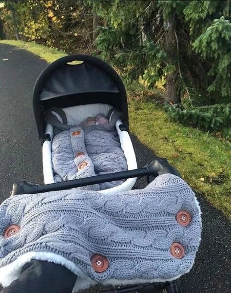 Baby sleeping bag in beige acrylic and lamb wool with pushchair handrail set